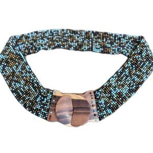 Vtg Glass Seed Bead Beaded Belt Turquoise Blue Brown Wooden Women M Boho